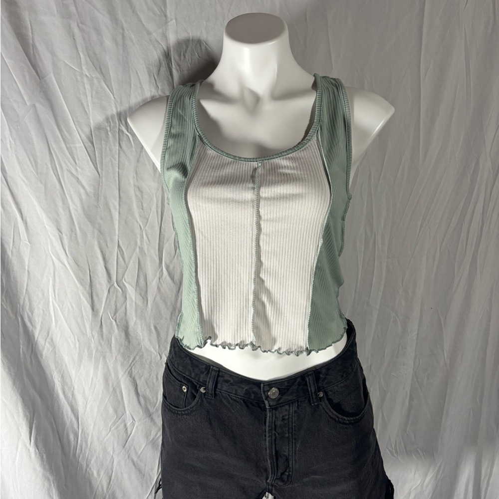 Gaze Green and White Asymmetrical Crop Tank Top